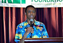 John Marshall High School student Charles Cliett introduces honoree Mary Taylor